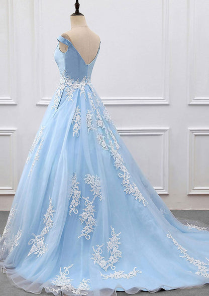 Off Shoulder V Neck Ball Gown Court Sky Blue Satin Tulle