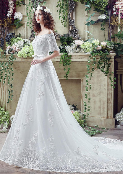 Off Shoulder White Princess A-line Lace Tulle Wedding Dress 