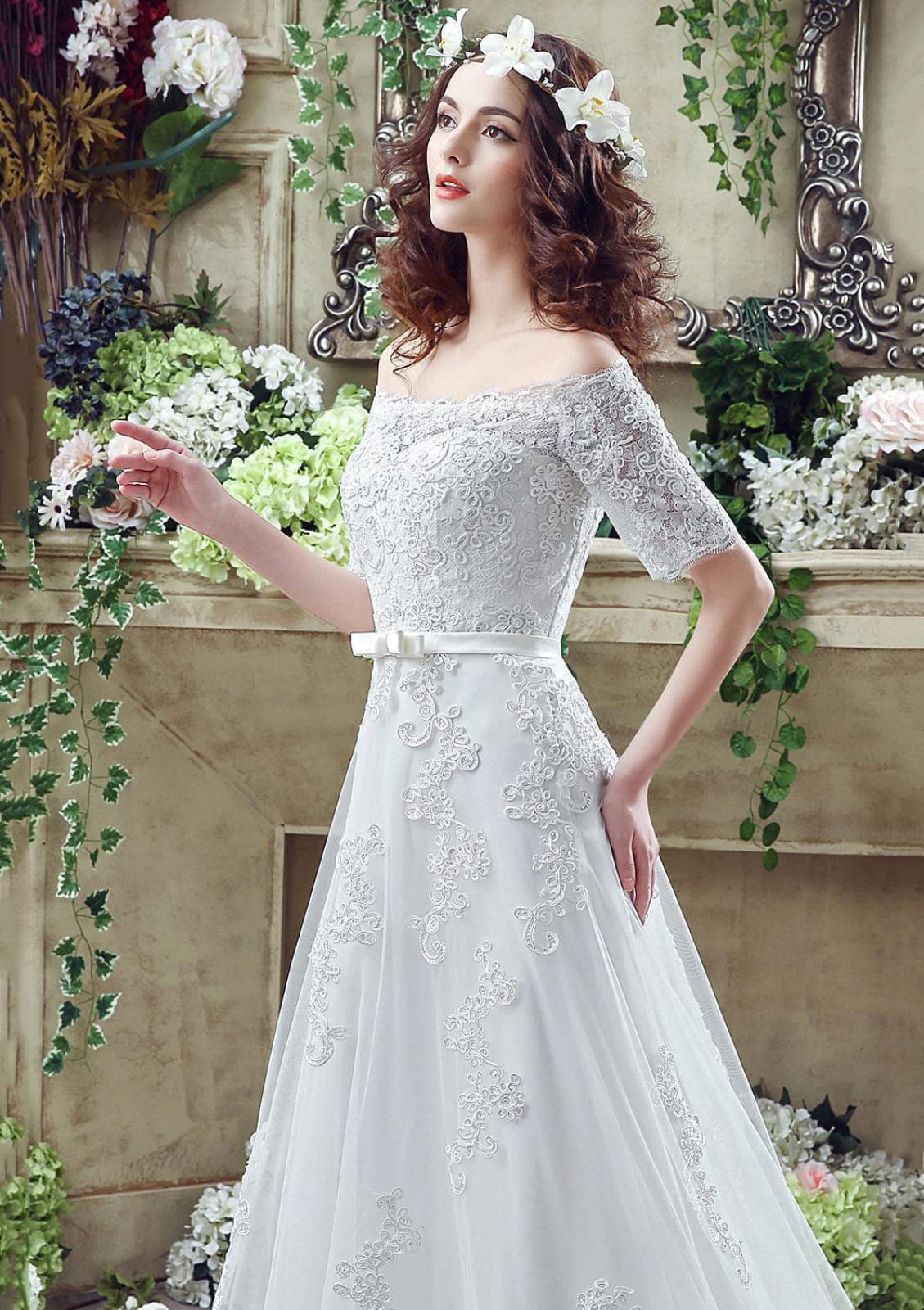 Off Shoulder White Princess A-line Lace Tulle Wedding Dress 