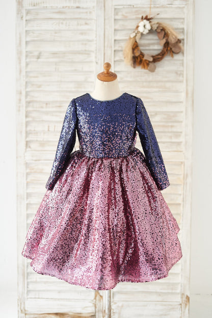 Ombre Navy Pink Sequin V Back Wedding Flower Girl Dress with Bow Kids Party Dress - 1T