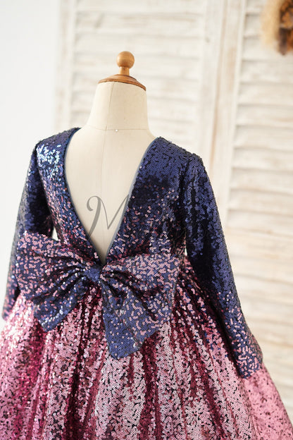 Ombre Navy Pink Sequin V Back Wedding Flower Girl Dress with Bow Kids Party Dress