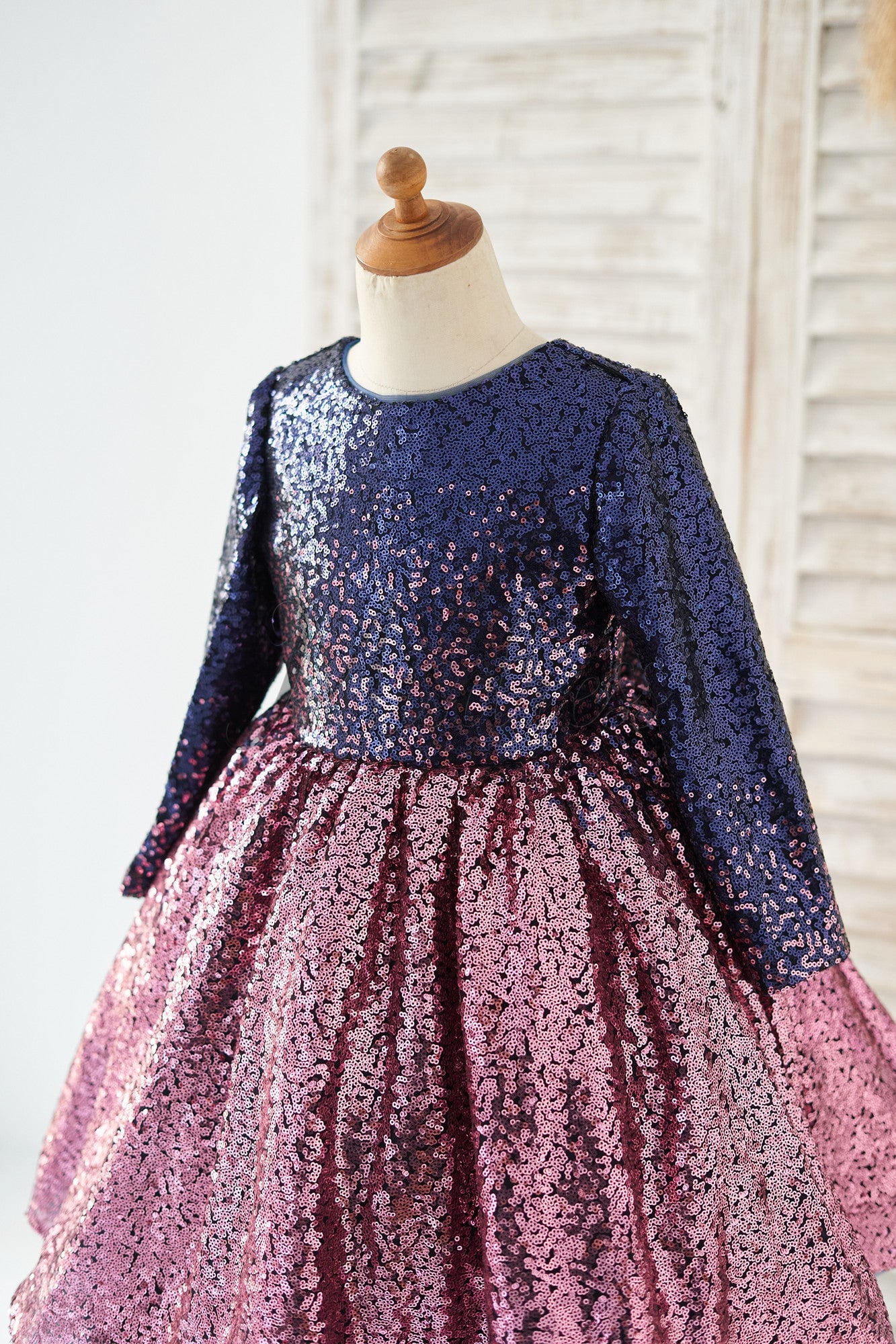 Ombre Navy Pink Sequin V Back Wedding Flower Girl Dress with Bow Kids Party Dress
