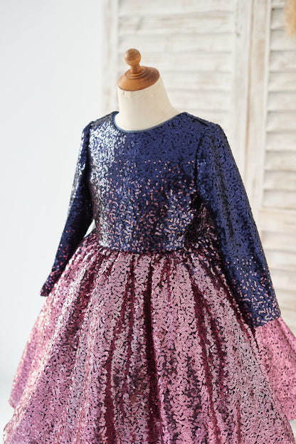 Ombre Navy Pink Sequin V Back Wedding Flower Girl Dress with Bow Kids Party Dress