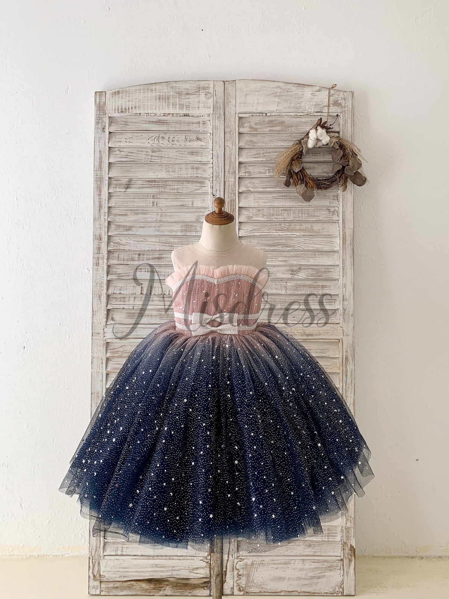 Ombre Pink / Navy Stars Tulle Wedding Flower Girl Dress Kids Party Dress - 1T / Pink-Navy