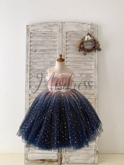 Ombre Pink / Navy Stars Tulle Wedding Flower Girl Dress Kids Party Dress - 1T / Pink-Navy