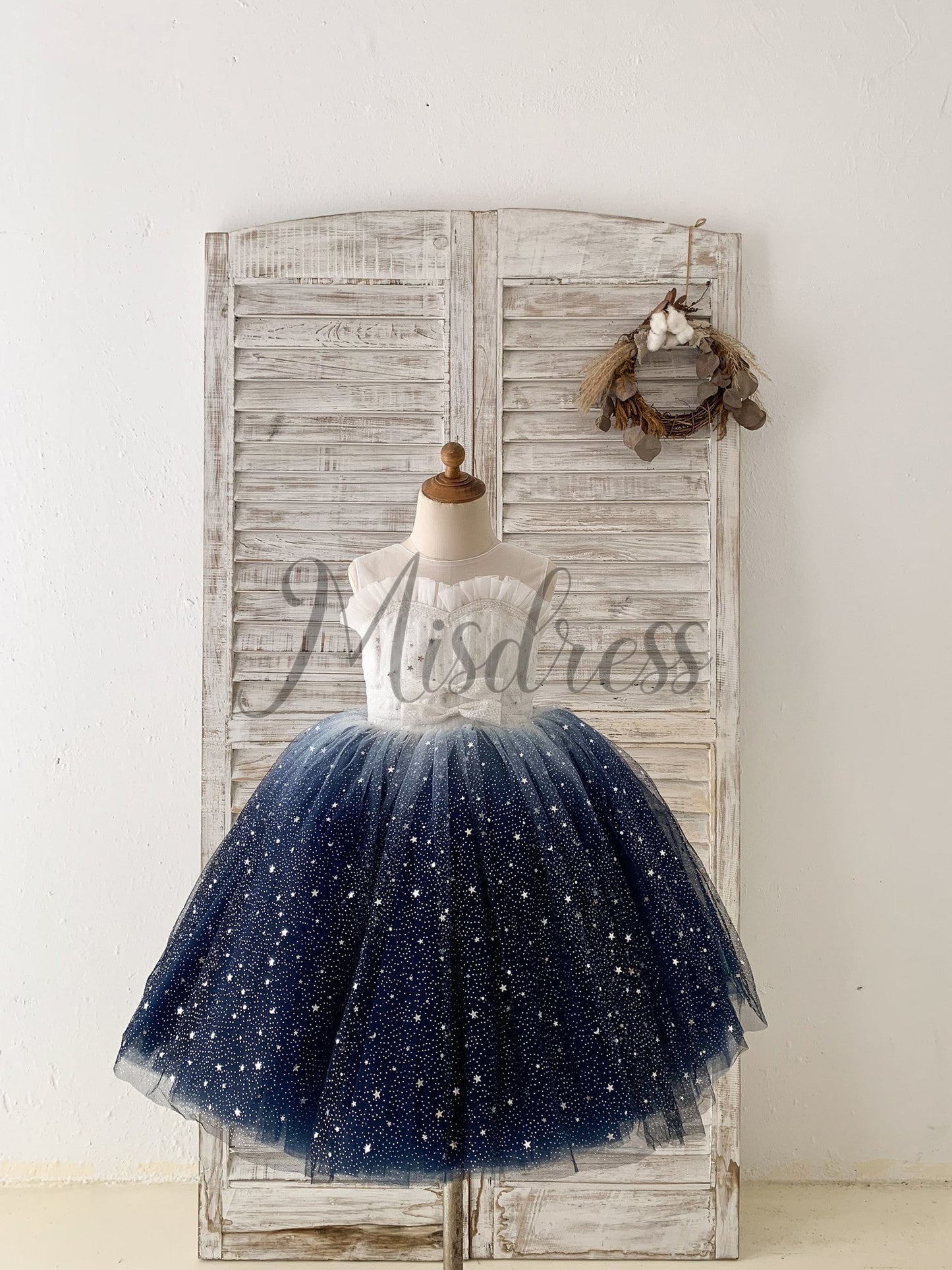Ombre Pink / Navy Stars Tulle Wedding Flower Girl Dress Kids Party Dress - 1T / Ivory-Navy