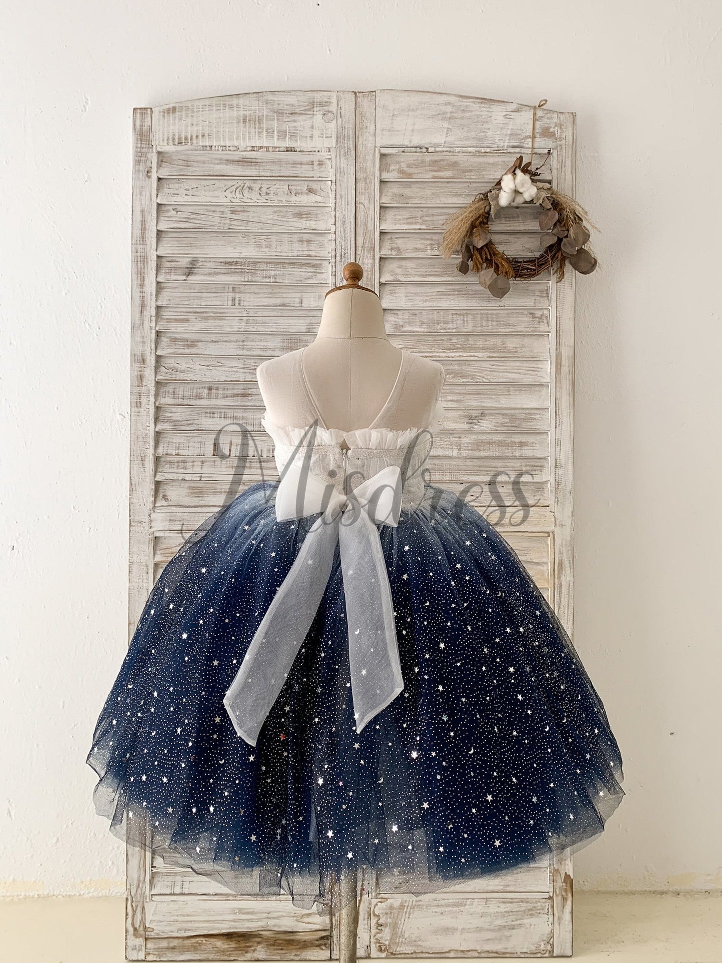 Ombre Pink / Navy Stars Tulle Wedding Flower Girl Dress Kids Party Dress