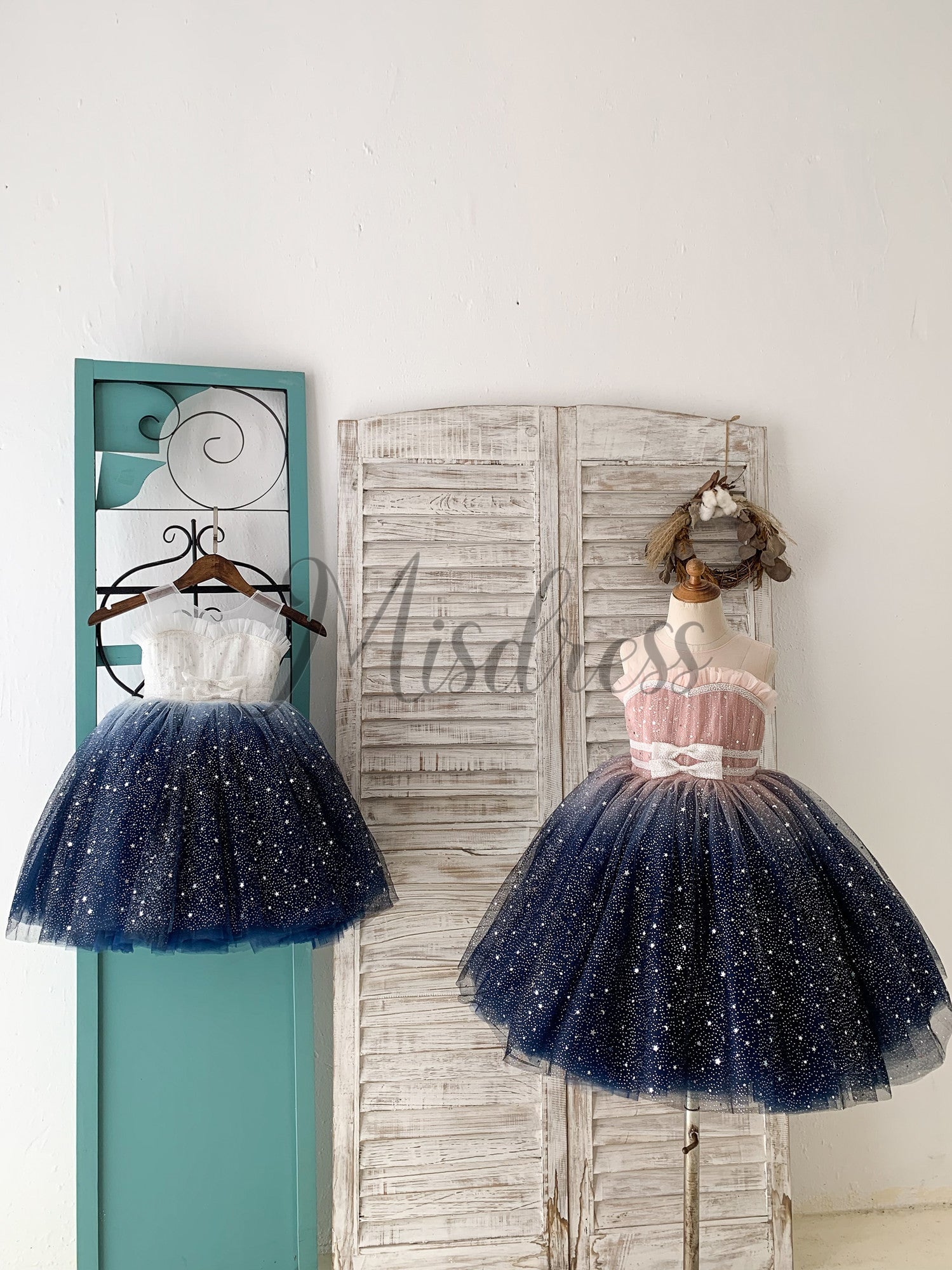 Ombre Pink / Navy Stars Tulle Wedding Flower Girl Dress Kids Party Dre