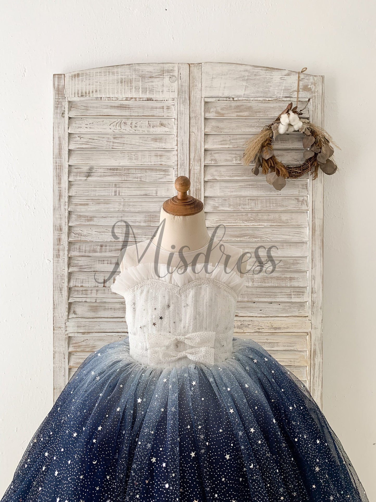 Ombre Pink / Navy Stars Tulle Wedding Flower Girl Dress Kids Party Dress