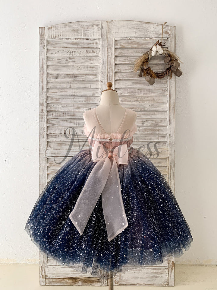 Ombre Pink / Navy Stars Tulle Wedding Flower Girl Dress Kids Party Dre