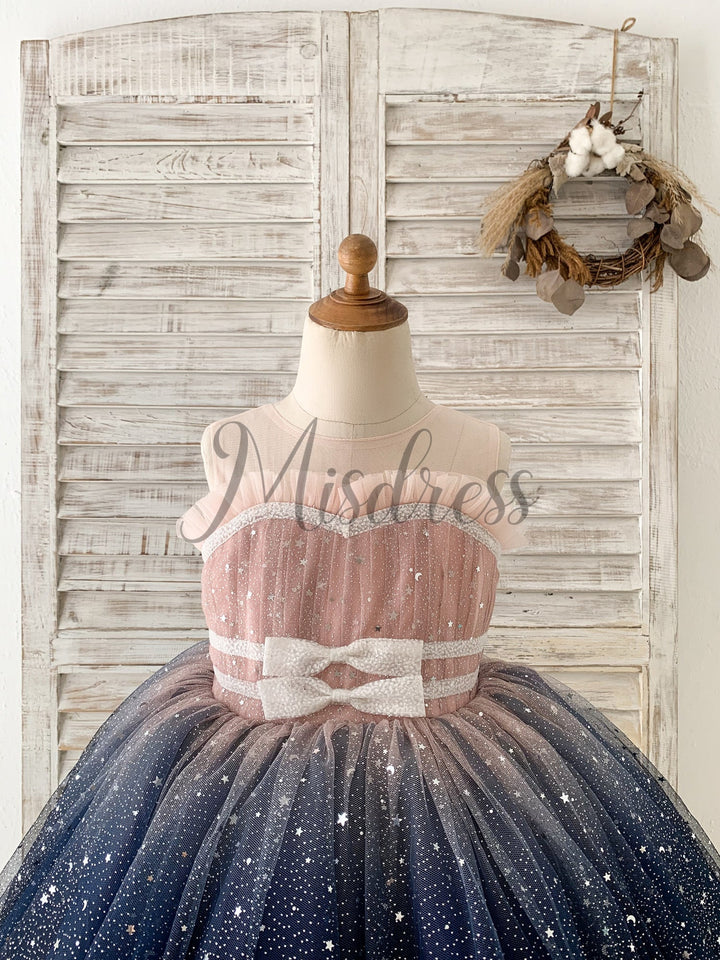 slim fit dress slacks Ombre Pink / Navy Stars Tulle Wedding Flower Girl Dress Kids Party Dress Custom Size / Ivory-Navy