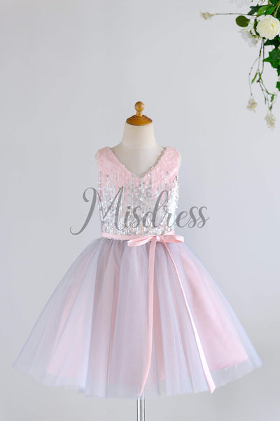 Pink Silver Gray Sequin Tulle V Neck Wedding Flower Girl Dress - Flower Girl Dresses