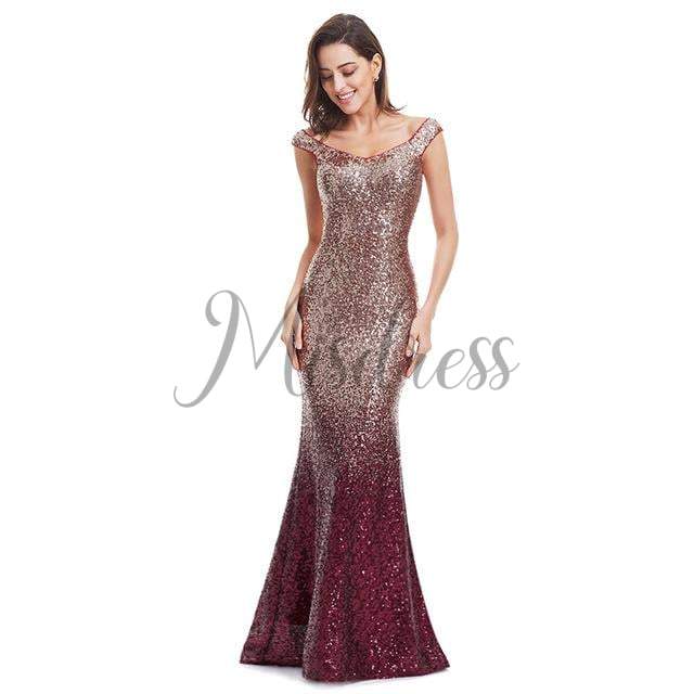 Ombre Sequin V Neck Mermaid Off Shoulder Evening Prom Dress - 2 / Burgundy - Prom Dresses