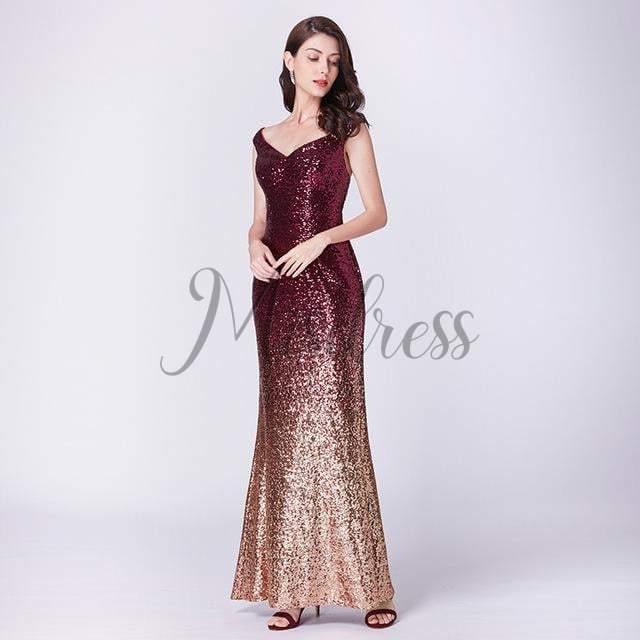Ombre Sequin V Neck Mermaid Off Shoulder Evening Prom Dress - 2 / Gold - Prom Dresses