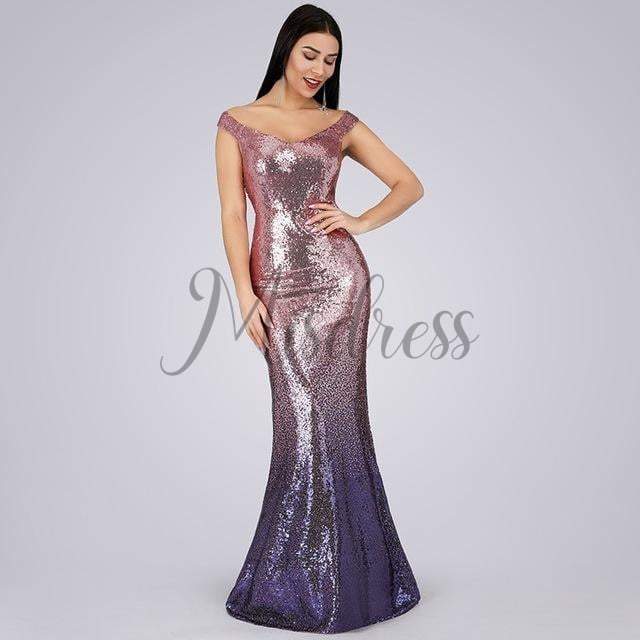 Ombre Sequin V Neck Mermaid Off Shoulder Evening Prom Dress - 2 / Purple - Prom Dresses