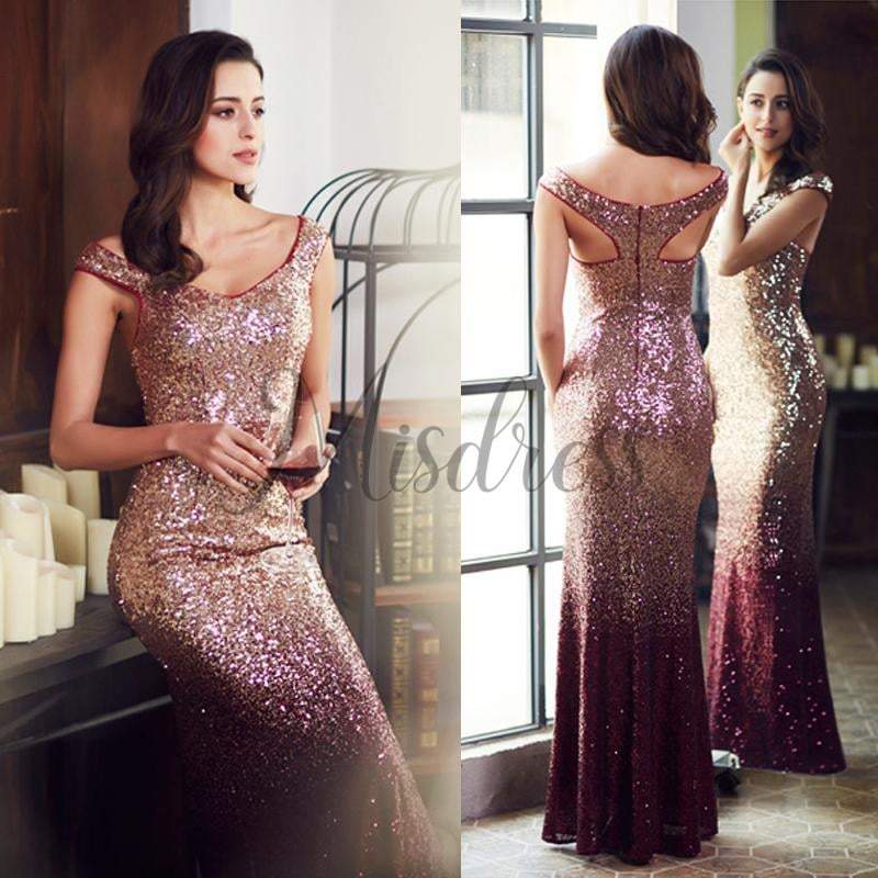 Ombre Sequin V Neck Mermaid Off Shoulder Evening Prom Dress - Prom Dresses