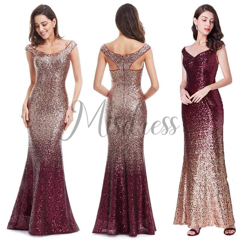 Ombre Sequin V Neck Mermaid Off Shoulder Evening Prom Dress - Prom Dresses