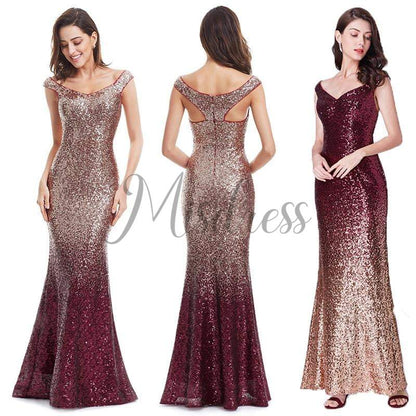 Ombre Sequin V Neck Mermaid Off Shoulder Evening Prom Dress - Prom Dresses