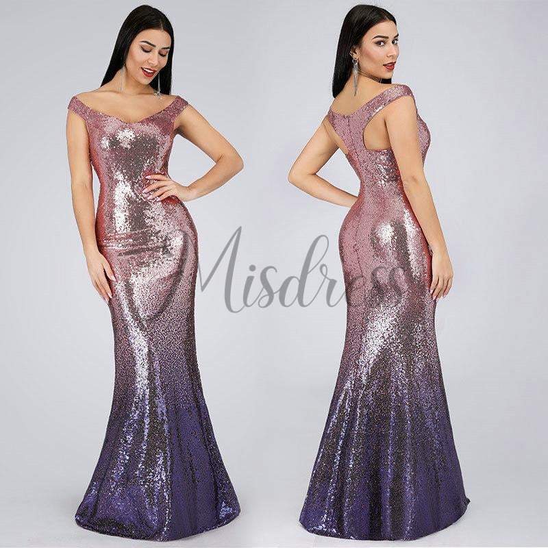 Ombre Sequin V Neck Mermaid Off Shoulder Evening Prom Dress - Prom Dresses