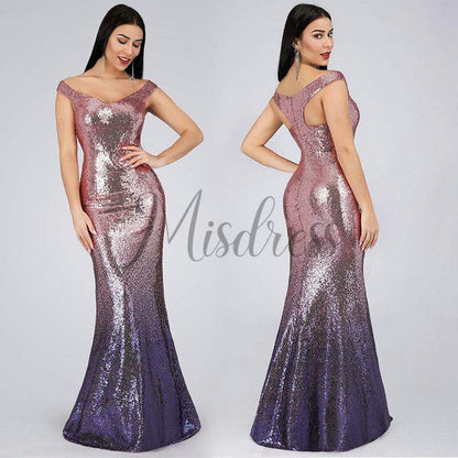 Ombre Sequin V Neck Mermaid Off Shoulder Evening Prom Dress - Prom Dresses