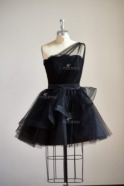 One Shoulder Black Lace Tulle Short Knee Length Prom Dress Cocktail Party Dress - Cocktail & Party Dresses