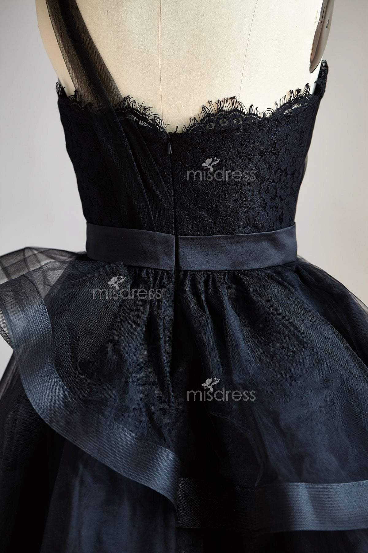 One Shoulder Black Lace Tulle Short Knee Length Prom Dress Cocktail Party Dress - Cocktail & Party Dresses