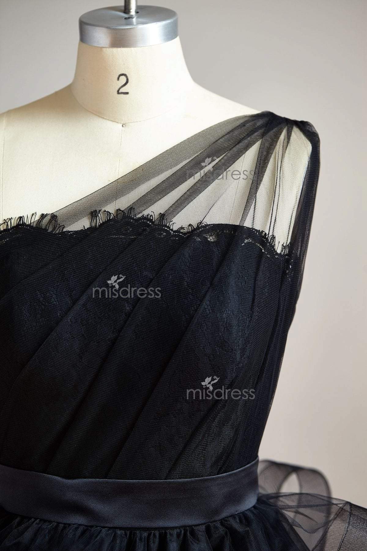 One Shoulder Black Lace Tulle Short Knee Length Prom Dress Cocktail Party Dress - Cocktail & Party Dresses
