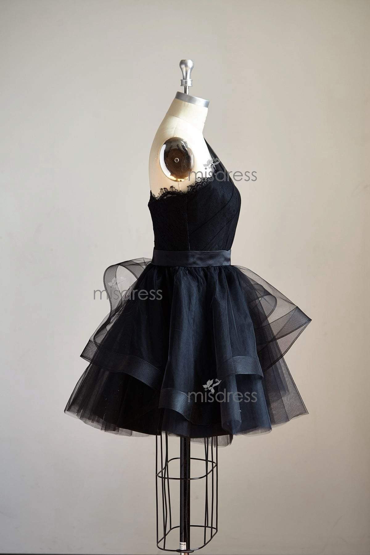 One Shoulder Black Lace Tulle Short Knee Length Prom Dress Cocktail Party Dress - Cocktail & Party Dresses