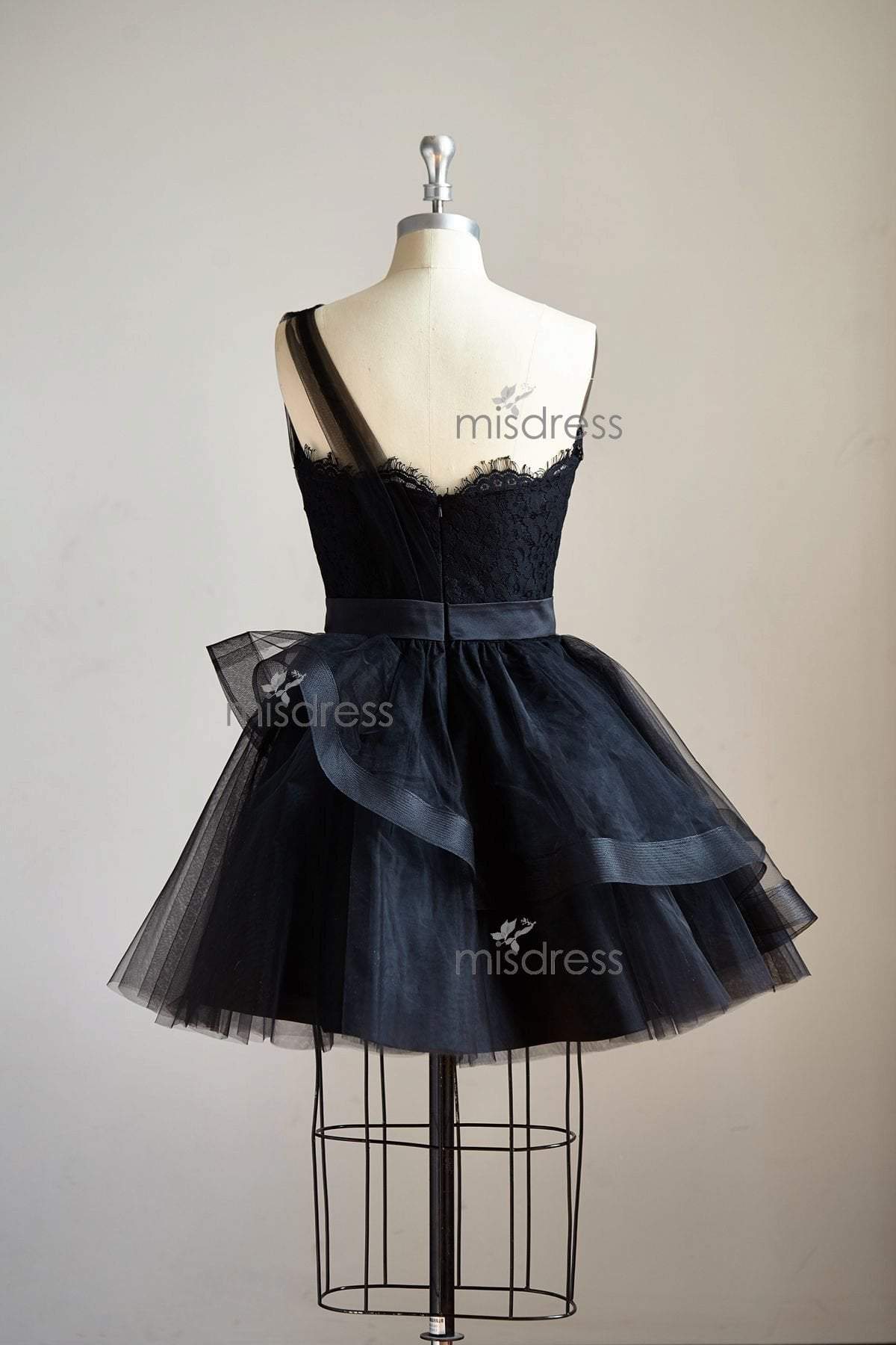 One Shoulder Black Lace Tulle Short Knee Length Prom Dress Cocktail Party Dress - Cocktail & Party Dresses