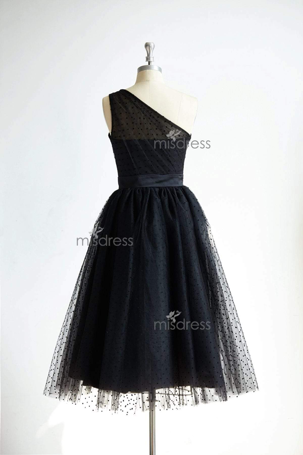One Shoulder Black Polk Dot Tulle Tea Length Prom Party Dress - Prom Dresses