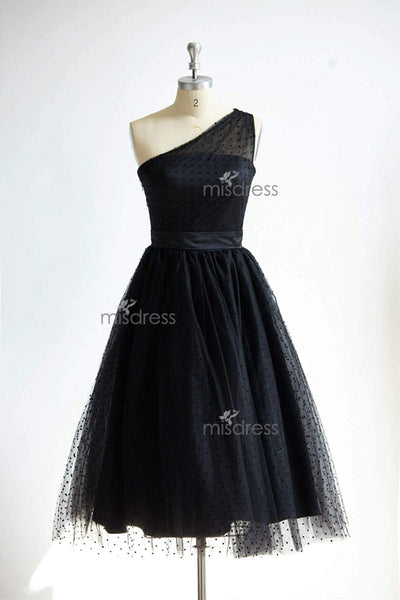 One Shoulder Black Polk Dot Tulle Tea Length Prom Party Dress - Prom Dresses