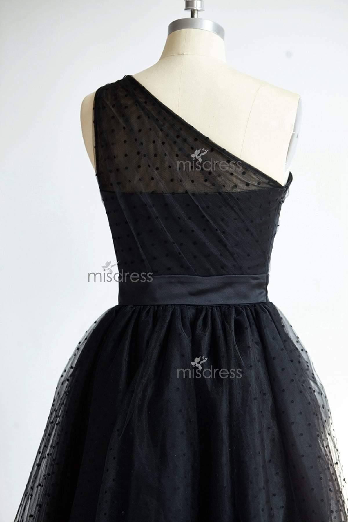 One Shoulder Black Polk Dot Tulle Tea Length Prom Party Dress - Prom Dresses