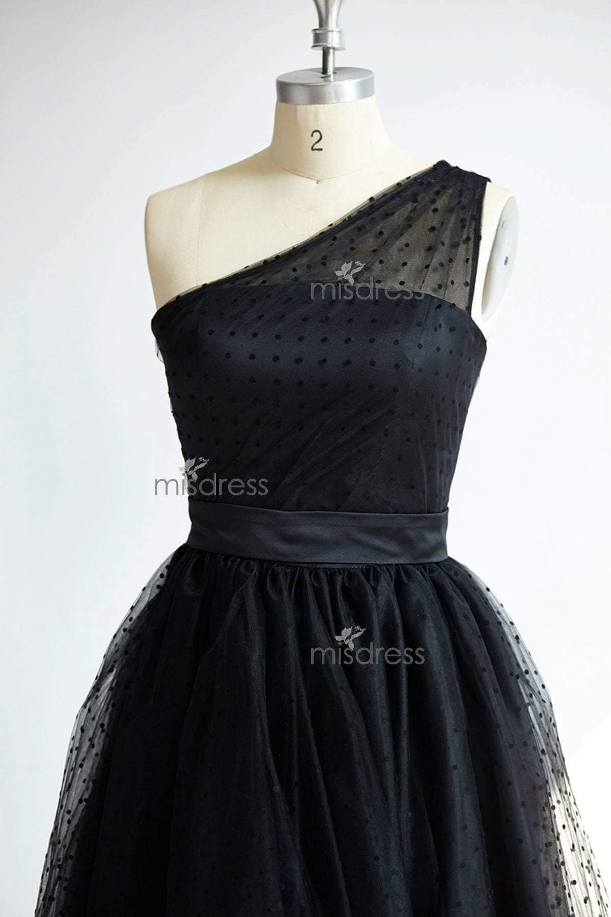 One Shoulder Black Polk Dot Tulle Tea Length Prom Party Dress - Prom Dresses