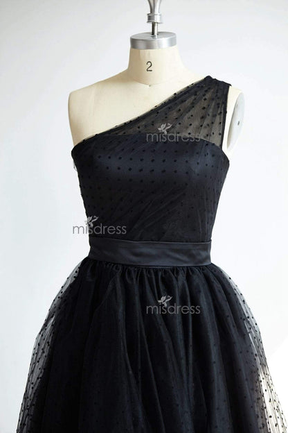 One Shoulder Black Polk Dot Tulle Tea Length Prom Party Dress - Prom Dresses