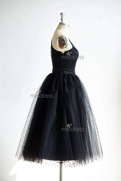 One Shoulder Black Polk Dot Tulle Tea Length Prom Party Dress - Prom Dresses