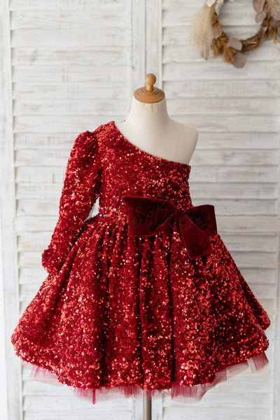 One Shoulder Burgundy Sequin Long Sleeves Wedding Flower Girl Dress Kids Party Dress