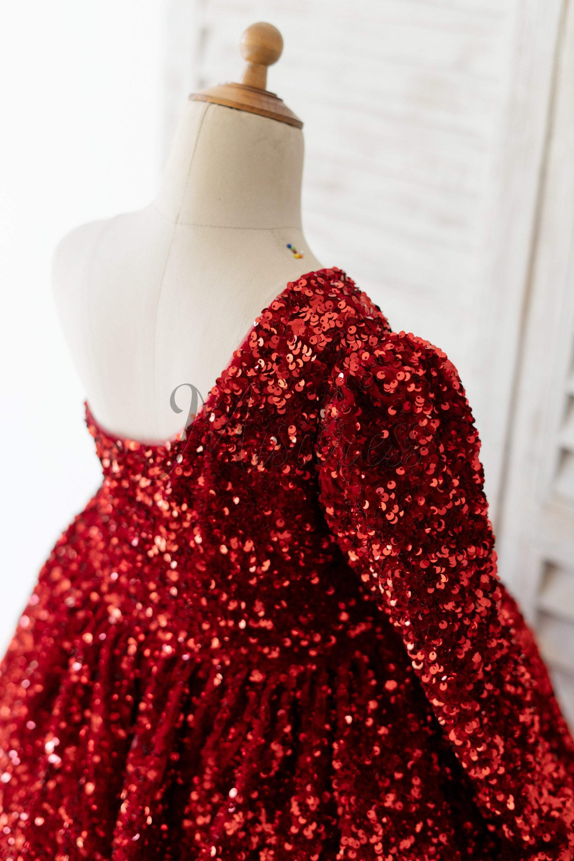 One Sleeve Burgundy Sequin Velvet Wedding Flower Girl Dress 3T