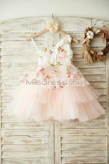 One Shoulder Floral Organza Pink Tulle Cupcake Wedding Flower Girl Dress - Flower Girl Dresses