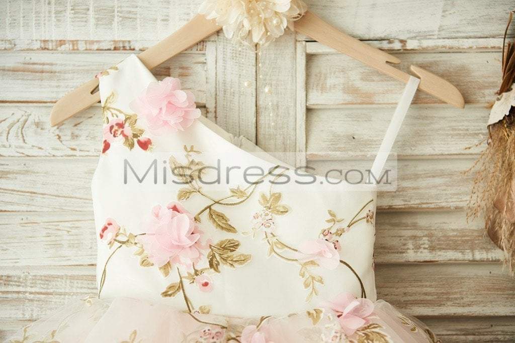 One Shoulder Floral Organza Pink Tulle Cupcake Wedding Flower Girl Dress - Flower Girl Dresses