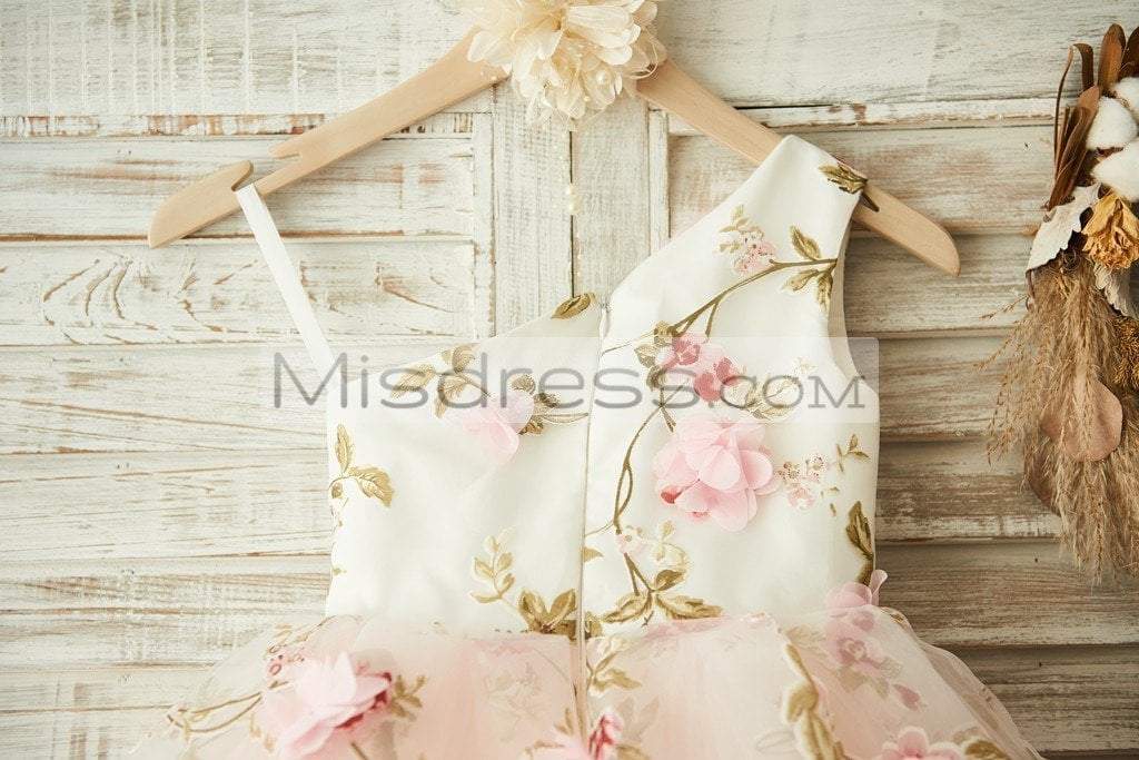 One Shoulder Floral Organza Pink Tulle Cupcake Wedding Flower Girl Dress - Flower Girl Dresses