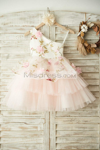 One Shoulder Floral Organza Pink Tulle Cupcake Wedding Flower Girl Dress - Flower Girl Dresses