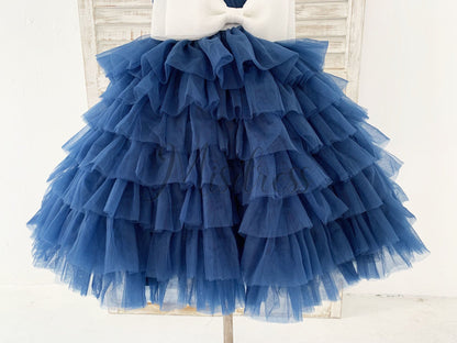 One Shoulder Navy Blue Cupcake Tulle Wedding Flower Girl Dress Kids Party Dress