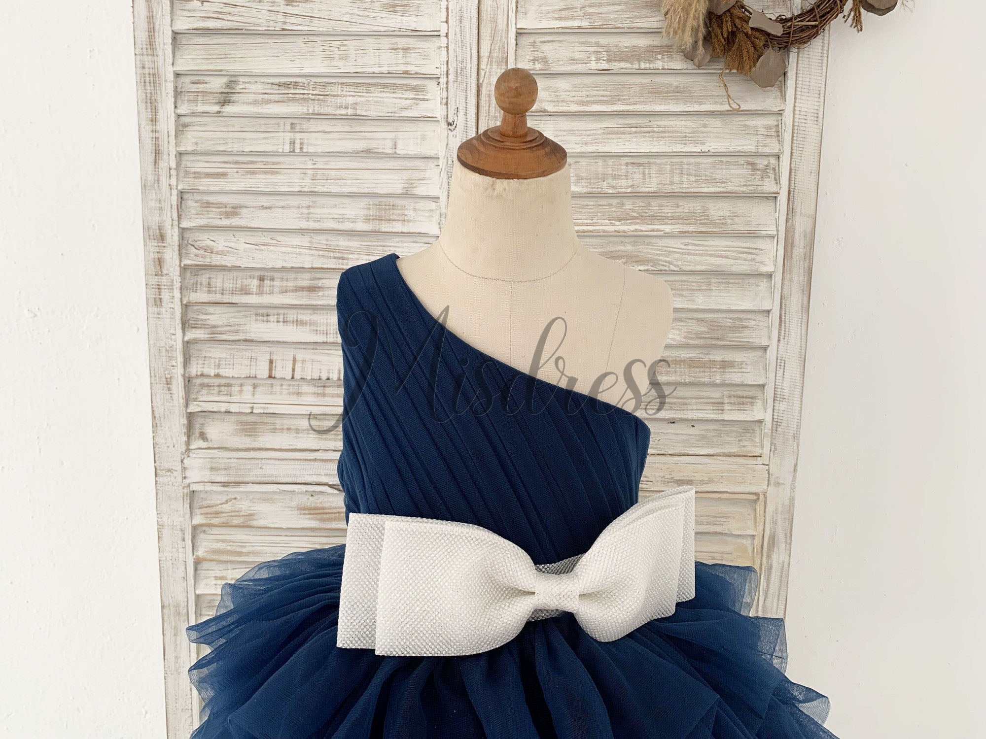 navy blue toddler dress for wedding One Shoulder Navy Blue Cupcake Tulle Kids Party Flower Girl Dress 7T