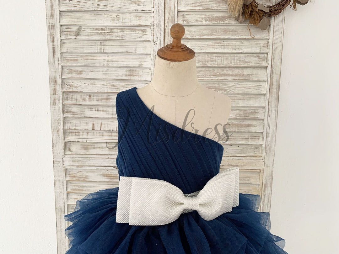 One Shoulder Navy Blue Cupcake Tulle Kids Party Flower Girl Dress 7T