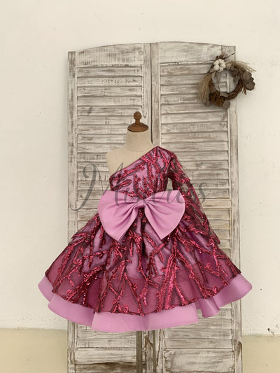 One Shoulder Single Sleeves Fuchsia Sequin Satin Wedding Flower Girl Dress Kids Birthday Party Dress