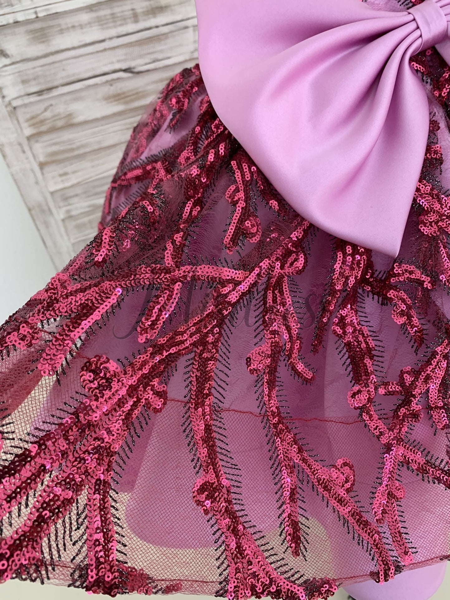 One Shoulder Single Sleeves Fuchsia Sequin Satin Wedding Flower Girl Dress Kids Birthday Party Dress