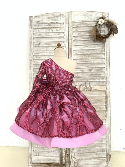 One Shoulder Single Sleeves Fuchsia Sequin Satin Wedding Flower Girl Dress Kids Birthday Party Dress