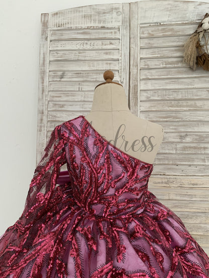 One Shoulder Single Sleeves Fuchsia Sequin Satin Wedding Flower Girl Dress Kids Birthday Party Dress