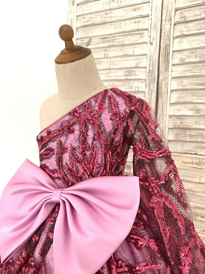 One Shoulder Single Sleeves Fuchsia Sequin Satin Wedding Flower Girl Dress Kids Birthday Party Dress