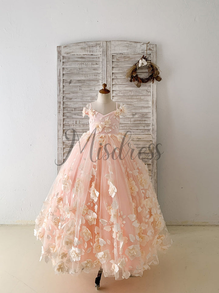 Peach 3D Lace Flower Tulle Off Shoulder Wedding Flower Girl Dress Kids Pageant Gown